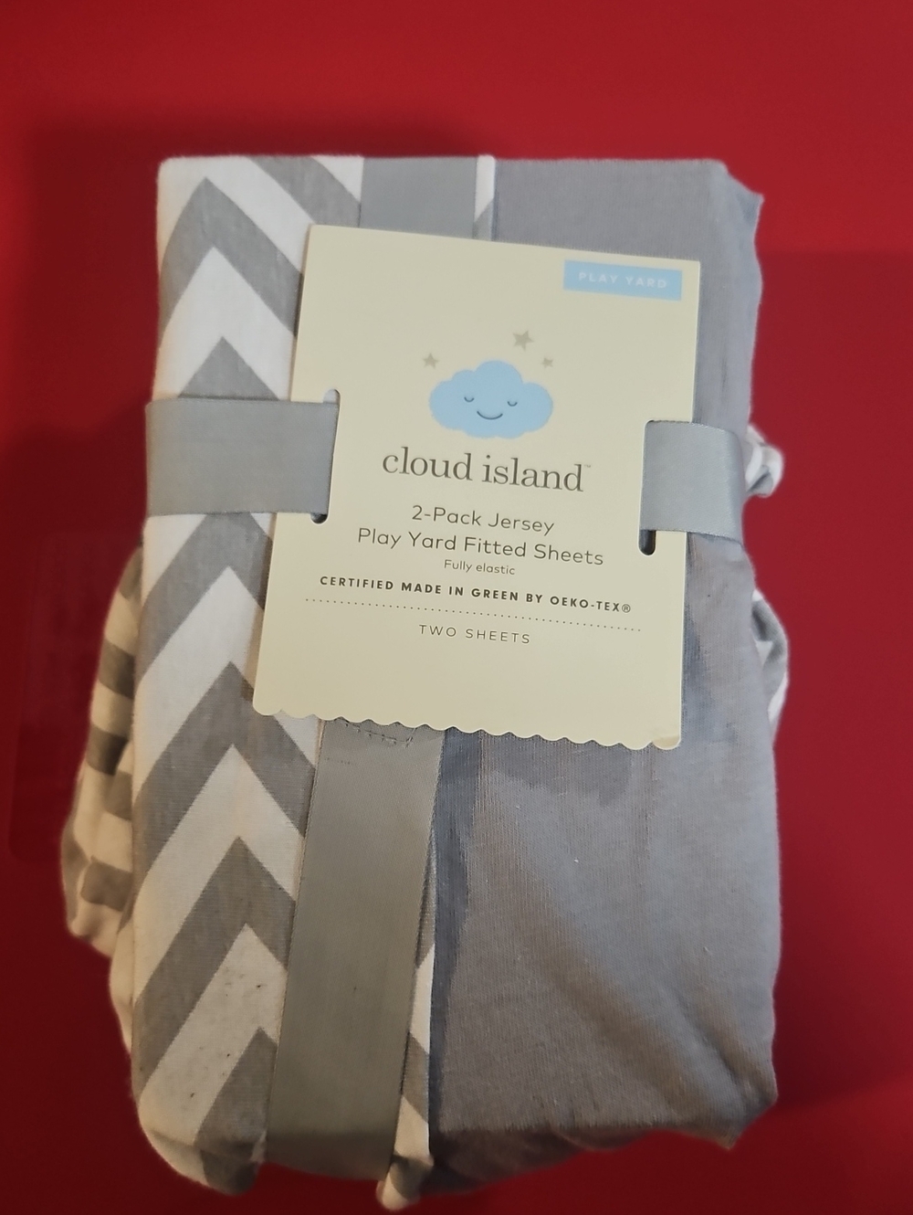 Cloud Island 2-Pack Jersey Play Yard Fitted Sheets: Gray/Chevron: New In Package